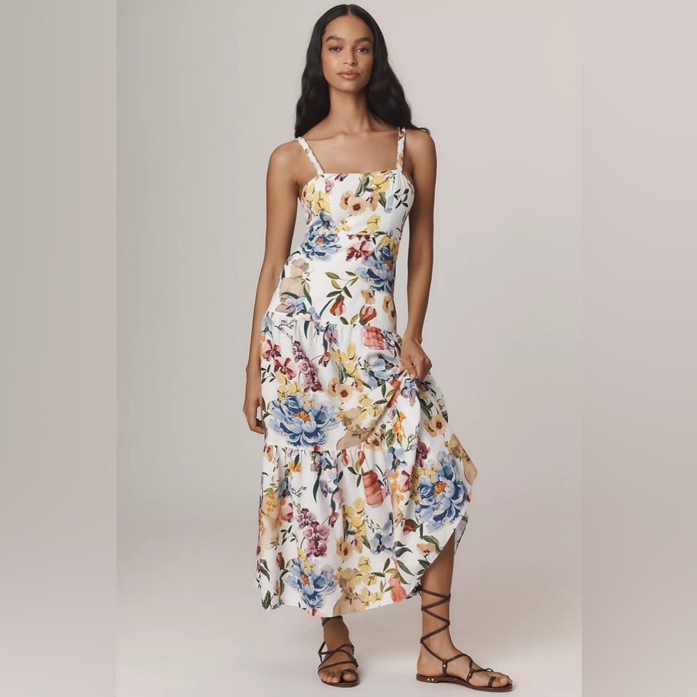Farm Rio Greek Garden Linen Blend Printed Midi Dress NWT